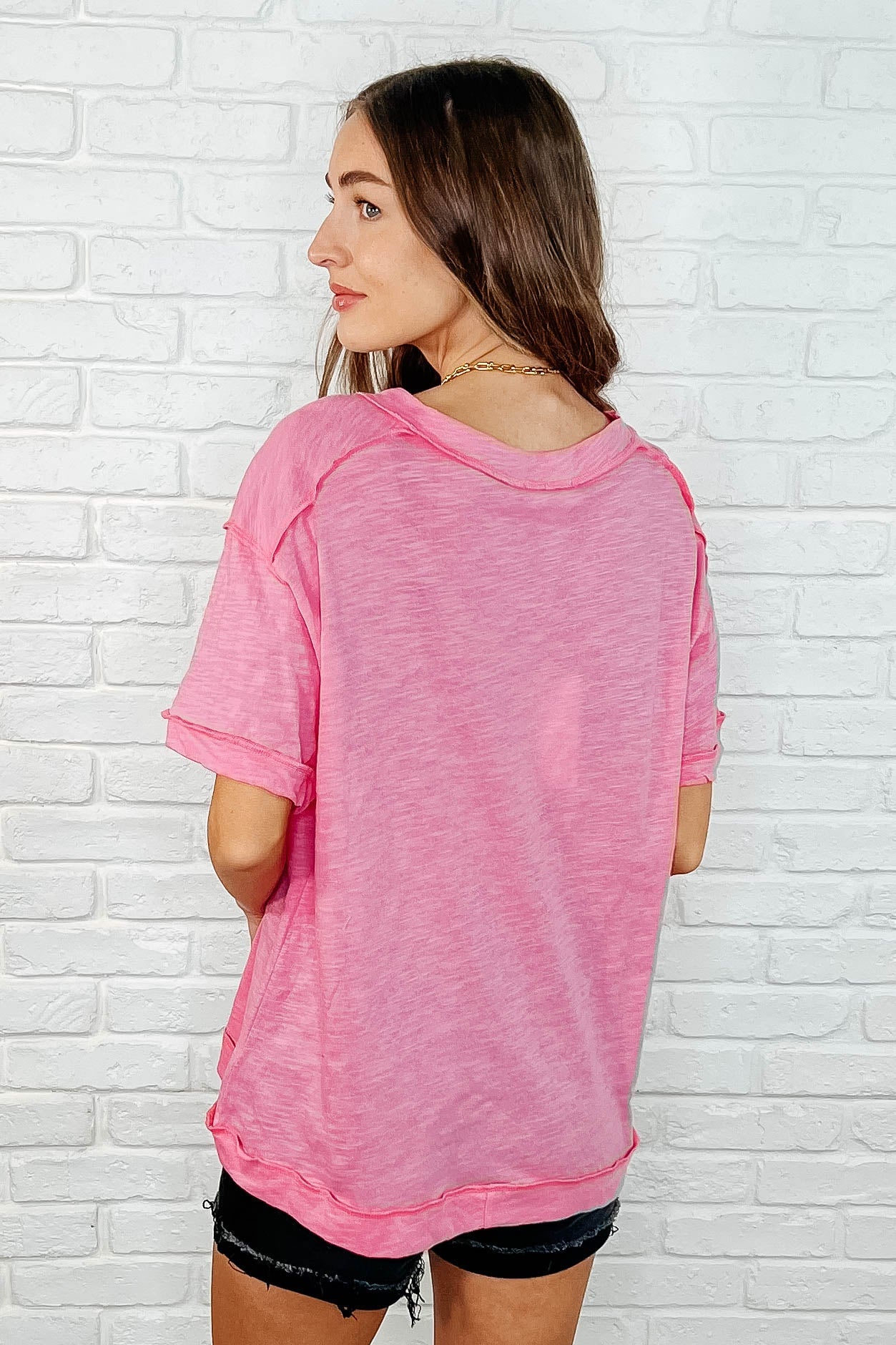 Basic Instinct Drop Shoulder V-Neck Tee in Pink - Southern Divas Boutique