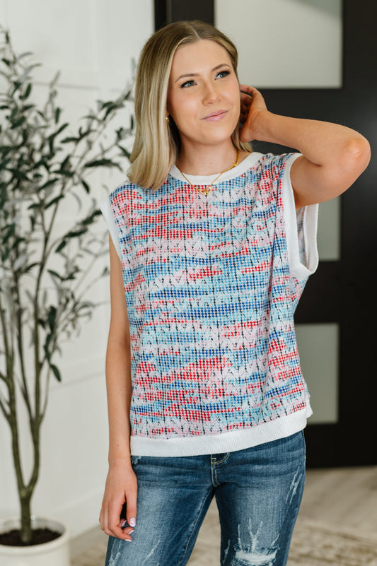 Blurred Beauty Textured Knit Top in Blue, Red and White - Southern Divas Boutique