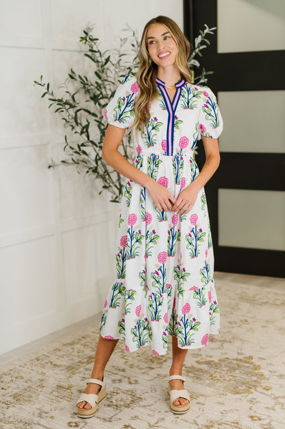PREORDER: Boho V-Neck Balloon Sleeve Dress in Floral Print - Southern Divas Boutique