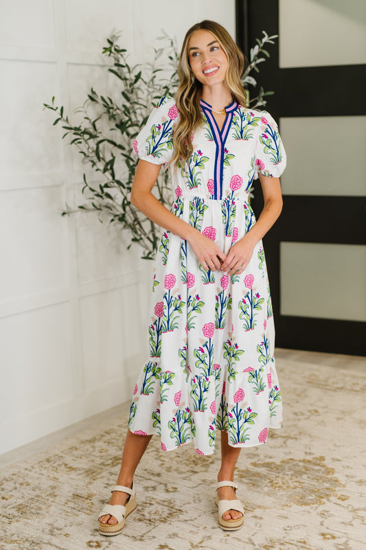 PREORDER: Boho V-Neck Balloon Sleeve Dress in Floral Print - Southern Divas Boutique