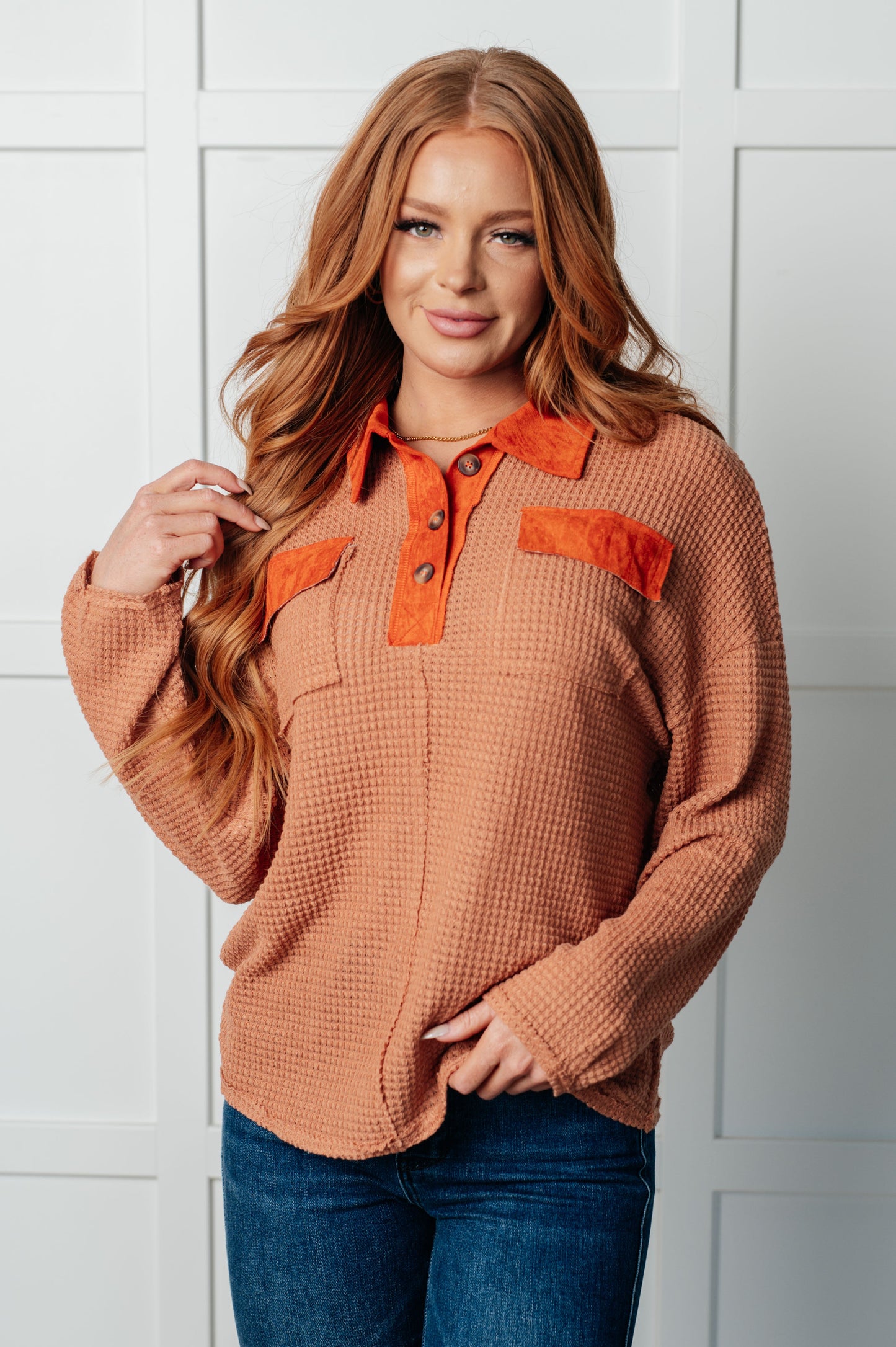 Can't Imagine Why Waffle Knit Contrast Trim Top - Southern Divas Boutique