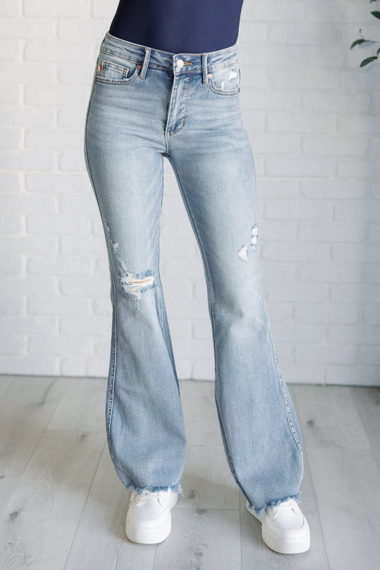 Caroline Mid Rise Control Top Distressed Flare Jeans - Southern Divas Boutique