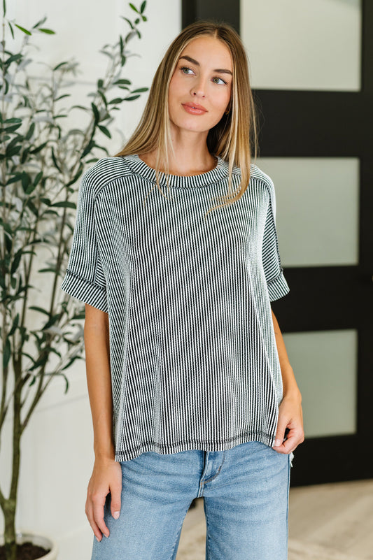 Catch Me Loungin’ Cable Ribbed Knit Top in Black and White - Southern Divas Boutique
