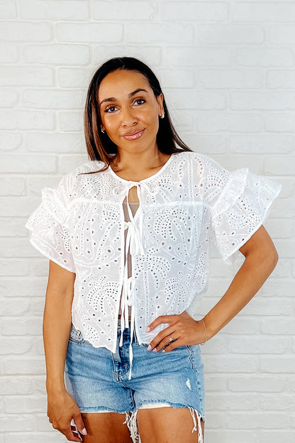 Classy As Heck Eyelet Front Tie Top in Off White - Southern Divas Boutique