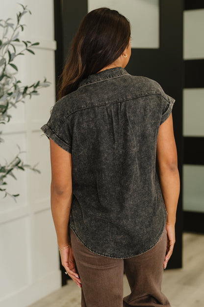 Cloud Nine to Five Button Down Blouse in Ash Black - Southern Divas Boutique