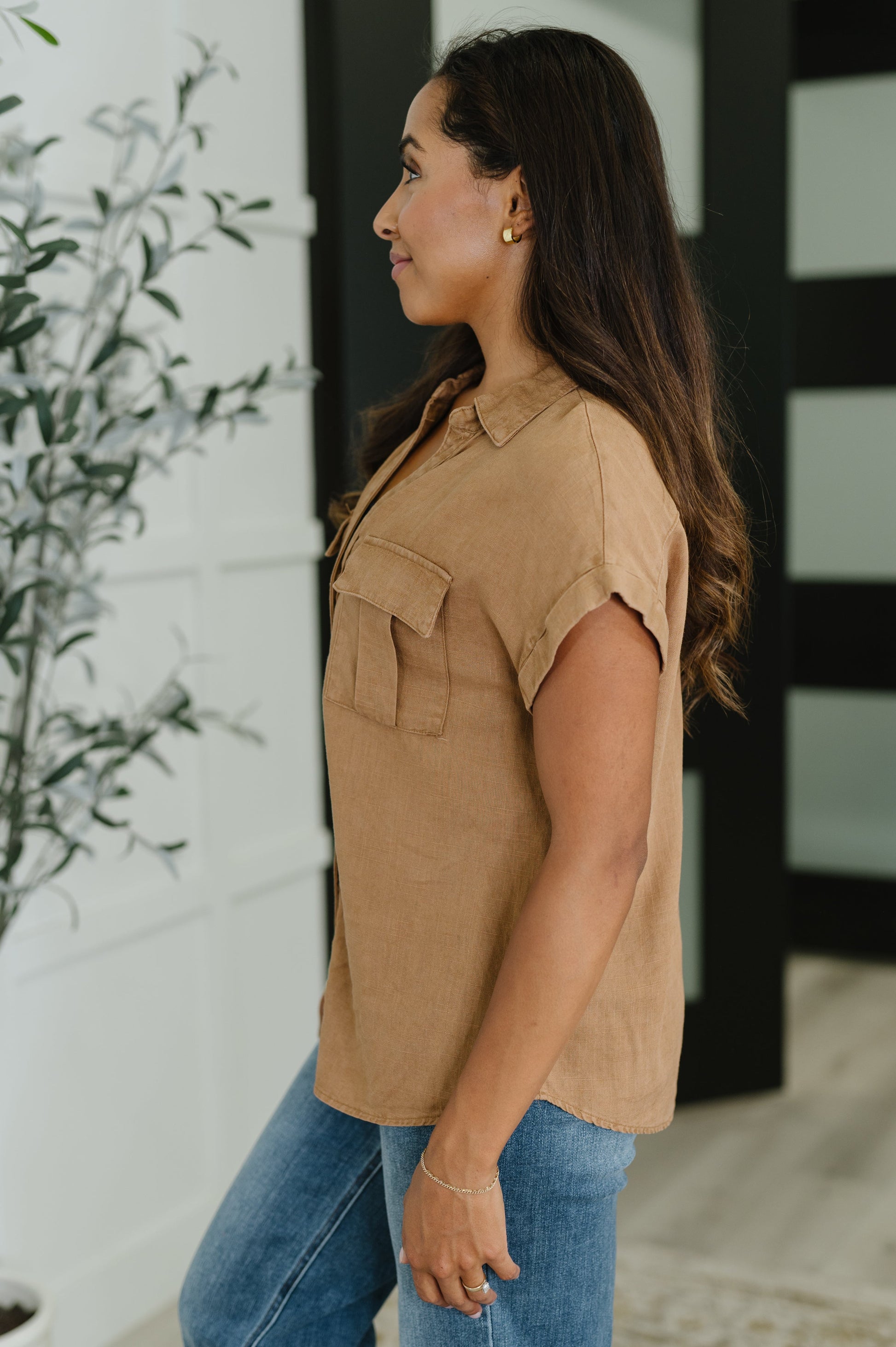 Cloud Nine to Five Button Down Blouse in Deep Camel - Southern Divas Boutique