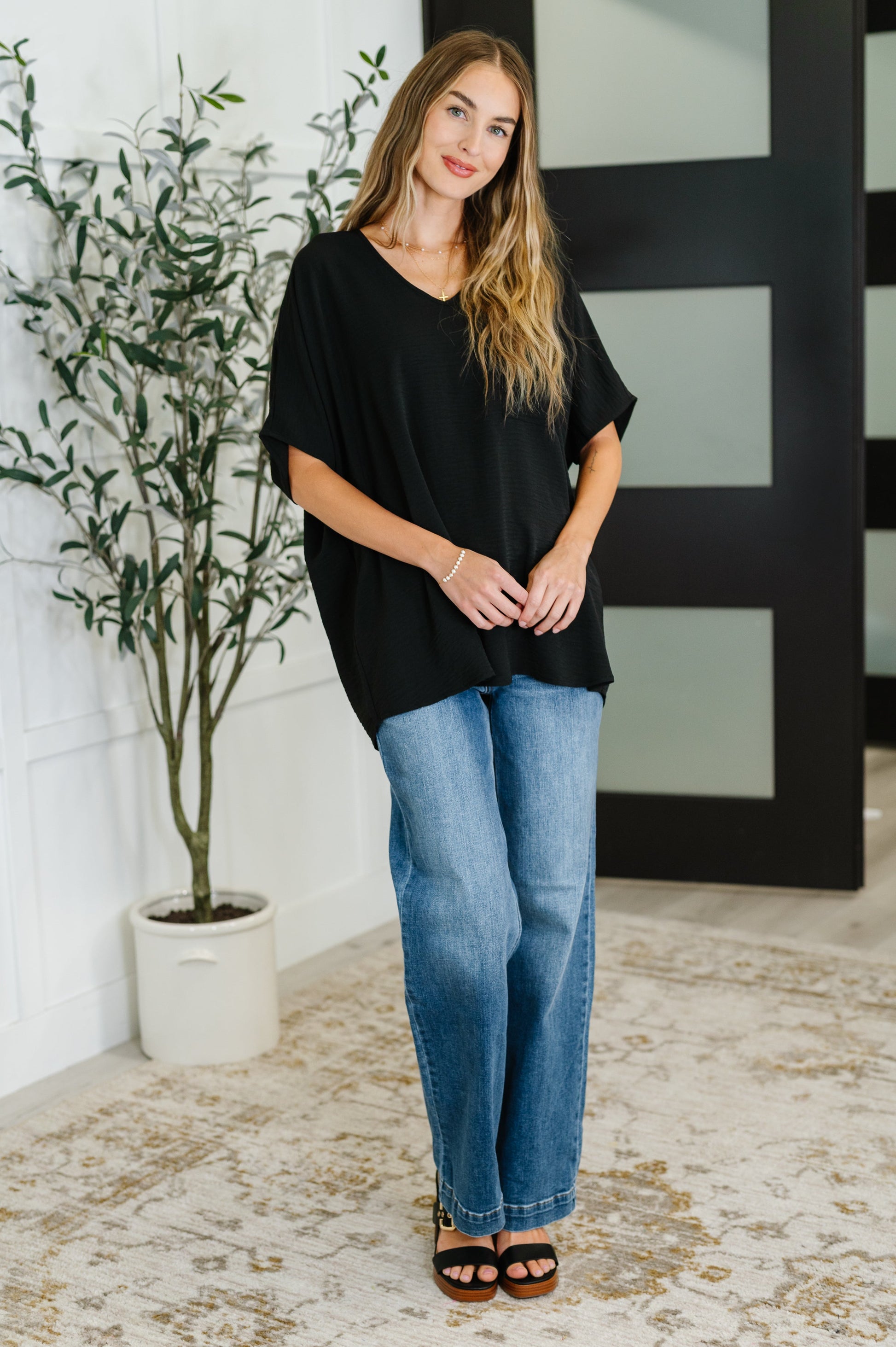 Coastal Ease V-Neck Top in Black - Southern Divas Boutique