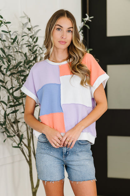 Contrast Club Color Block Top in Lilac, Orange and Denim - Southern Divas Boutique