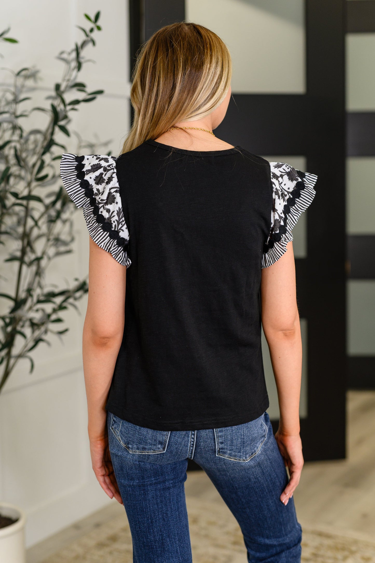 Contrast Flutter Sleeve Top in Black - Southern Divas Boutique