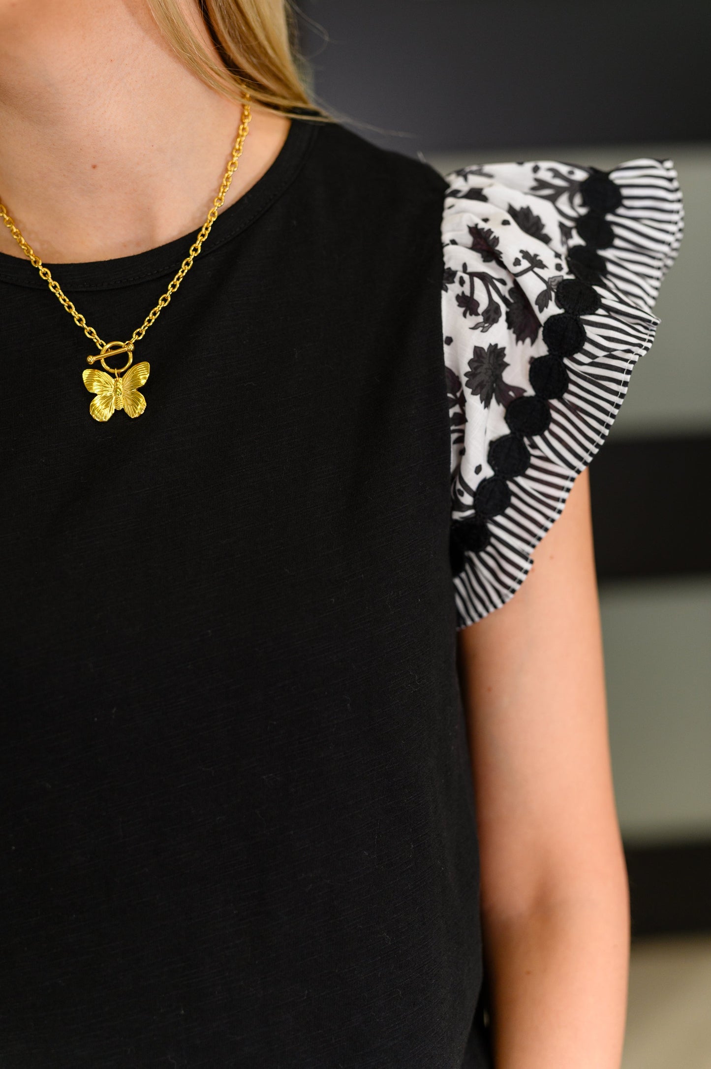 Contrast Flutter Sleeve Top in Black - Southern Divas Boutique