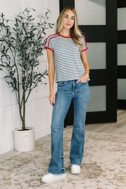 Country Stripe Casual Tee in Navy White - Southern Divas Boutique
