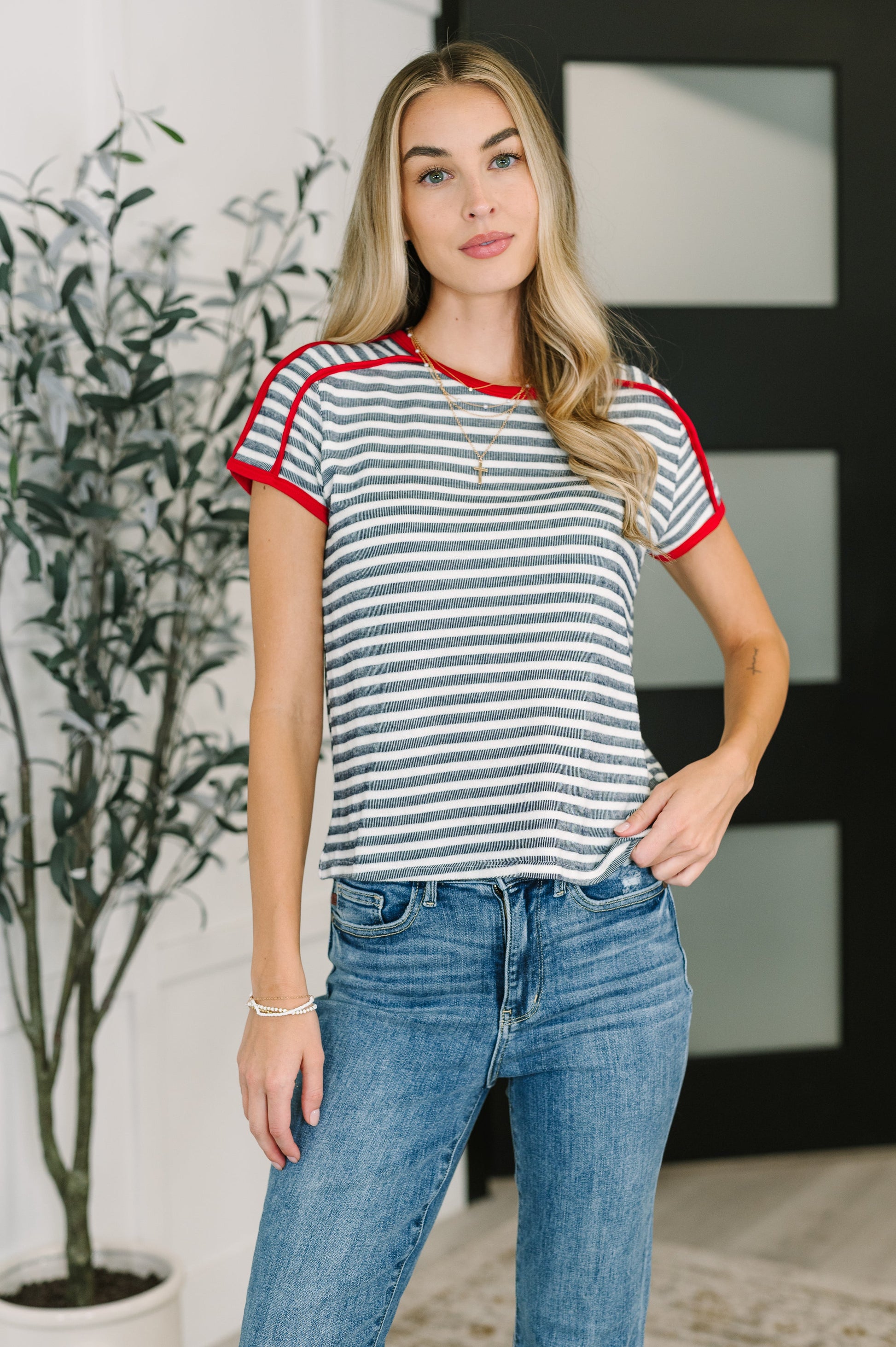 Country Stripe Casual Tee in Navy White - Southern Divas Boutique