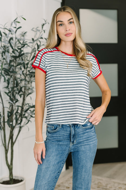 Country Stripe Casual Tee in Navy White - Southern Divas Boutique