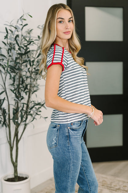 Country Stripe Casual Tee in Navy White - Southern Divas Boutique