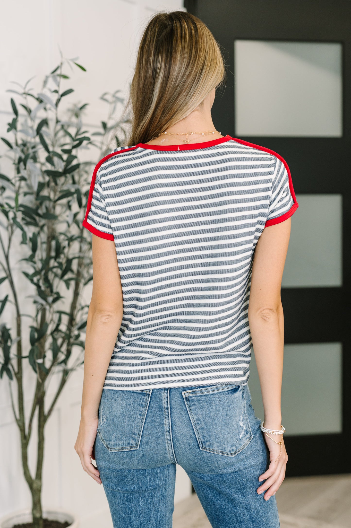 Country Stripe Casual Tee in Navy White - Southern Divas Boutique