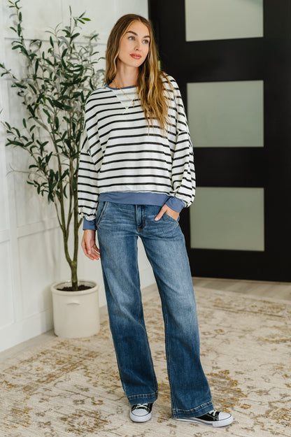 Cute in Comfort Crew Neck Pullover in White, Black and Denim - Southern Divas Boutique