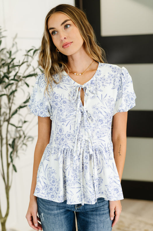 Dainty Lil' Thing Balloon Sleeve Blouse in Ivory/Blue - Southern Divas Boutique