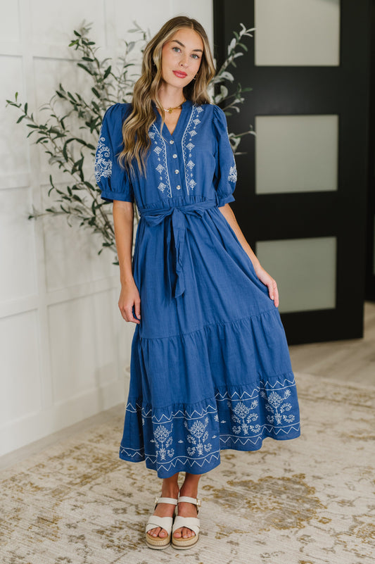 Delicate Devotion Puff Sleeve Dress in Blue - Southern Divas Boutique