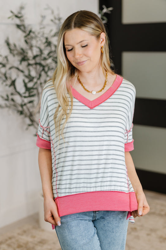 Dressed to Chill V-Neck Top in Heather/Grey/Ivory/Pink - Southern Divas Boutique