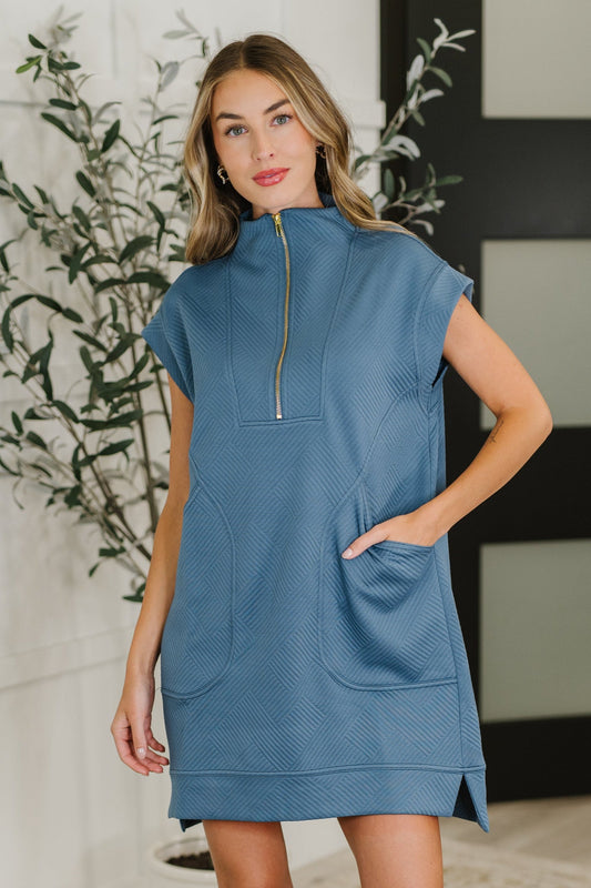 Easy Hustle High Neck Dress in Dusty Blue - Southern Divas Boutique