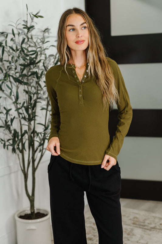 Effortless Edge Knit Henley Top in Camo Green - Southern Divas Boutique