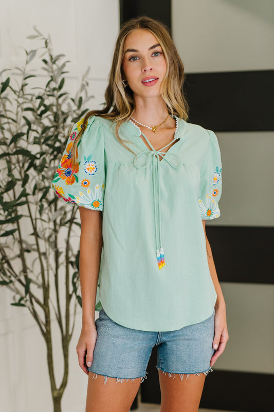 PREORDER: Embroidered Puff Sleeve V-Neck Blouse in Aqua - Southern Divas Boutique