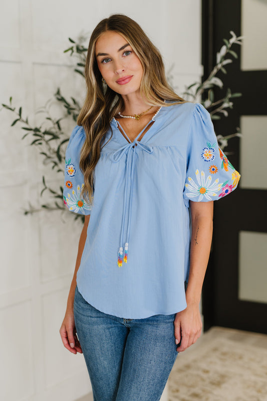 PREORDER: Embroidered Puff Sleeve V-Neck Blouse in Light Blue - Southern Divas Boutique