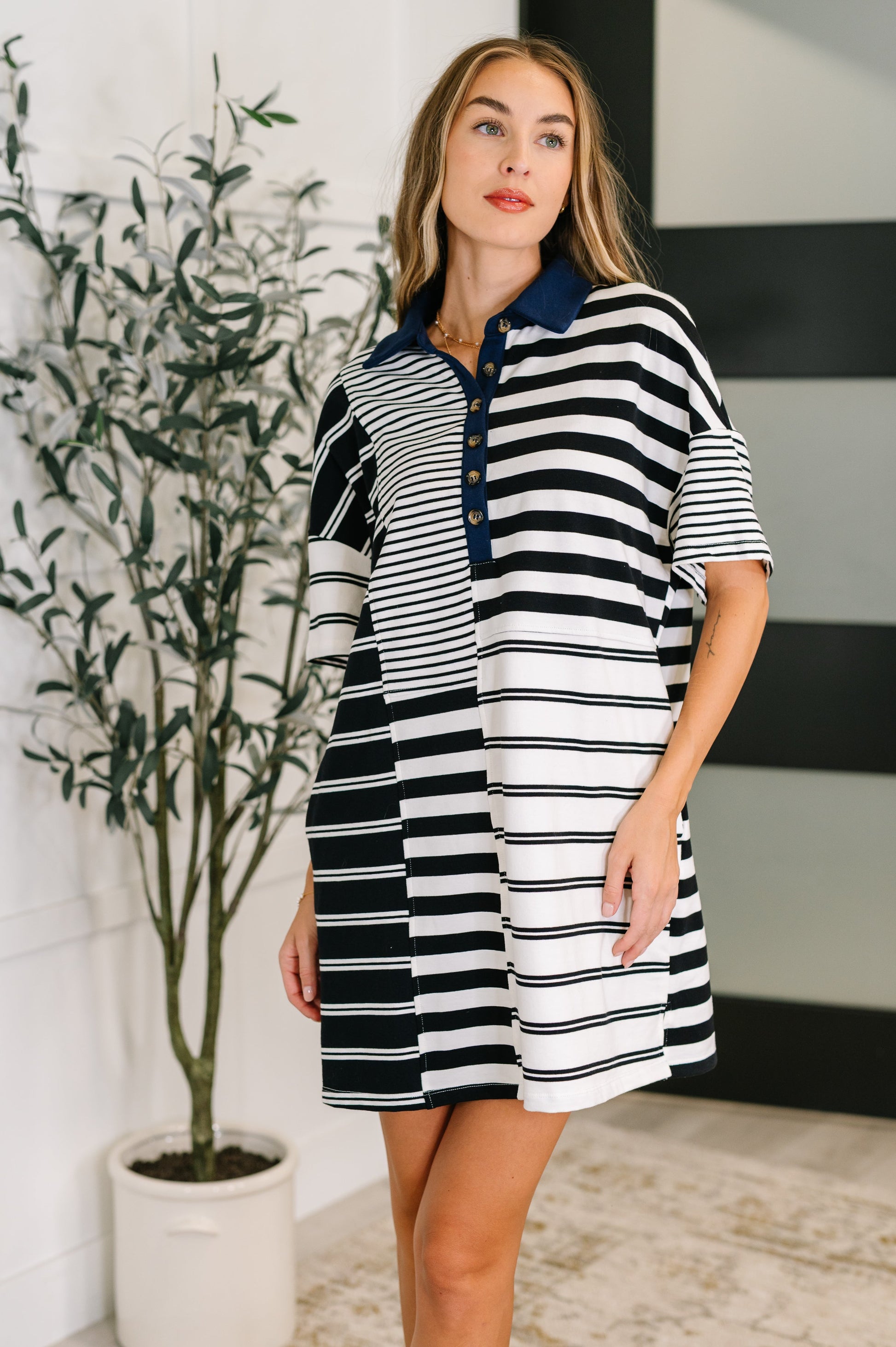 Everlasting Love Striped Collared Dress in Black and Navy - Southern Divas Boutique