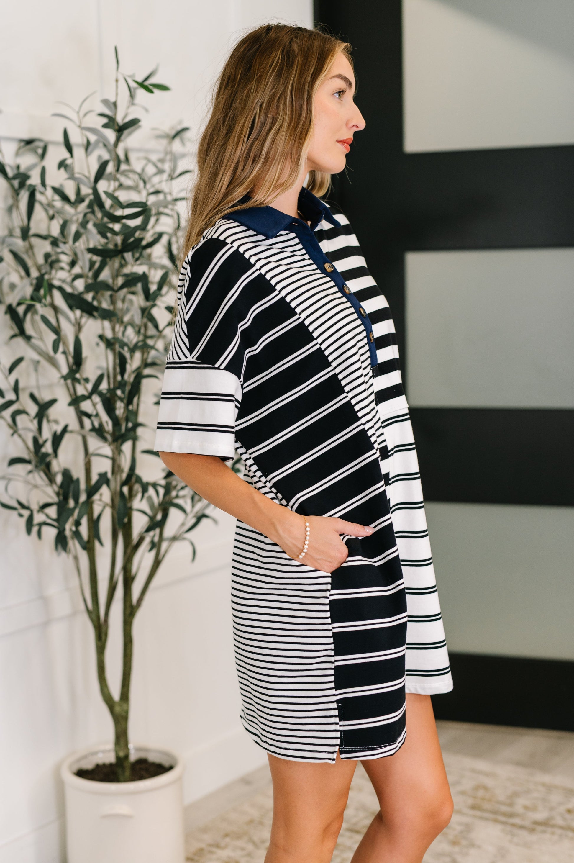 Everlasting Love Striped Collared Dress in Black and Navy - Southern Divas Boutique