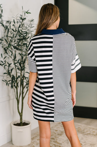 Everlasting Love Striped Collared Dress in Black and Navy - Southern Divas Boutique