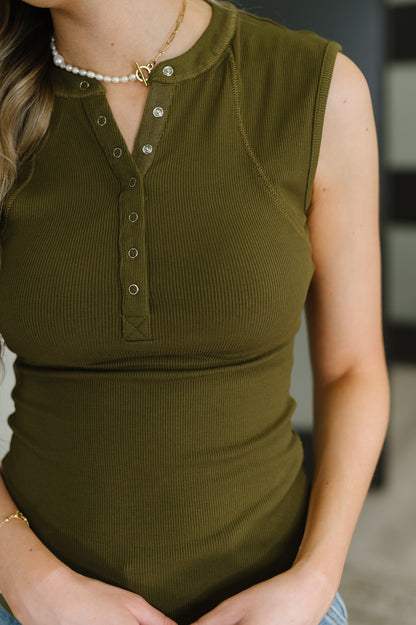 Everyday Edge Knit Henley Tank in Camo Green - Southern Divas Boutique