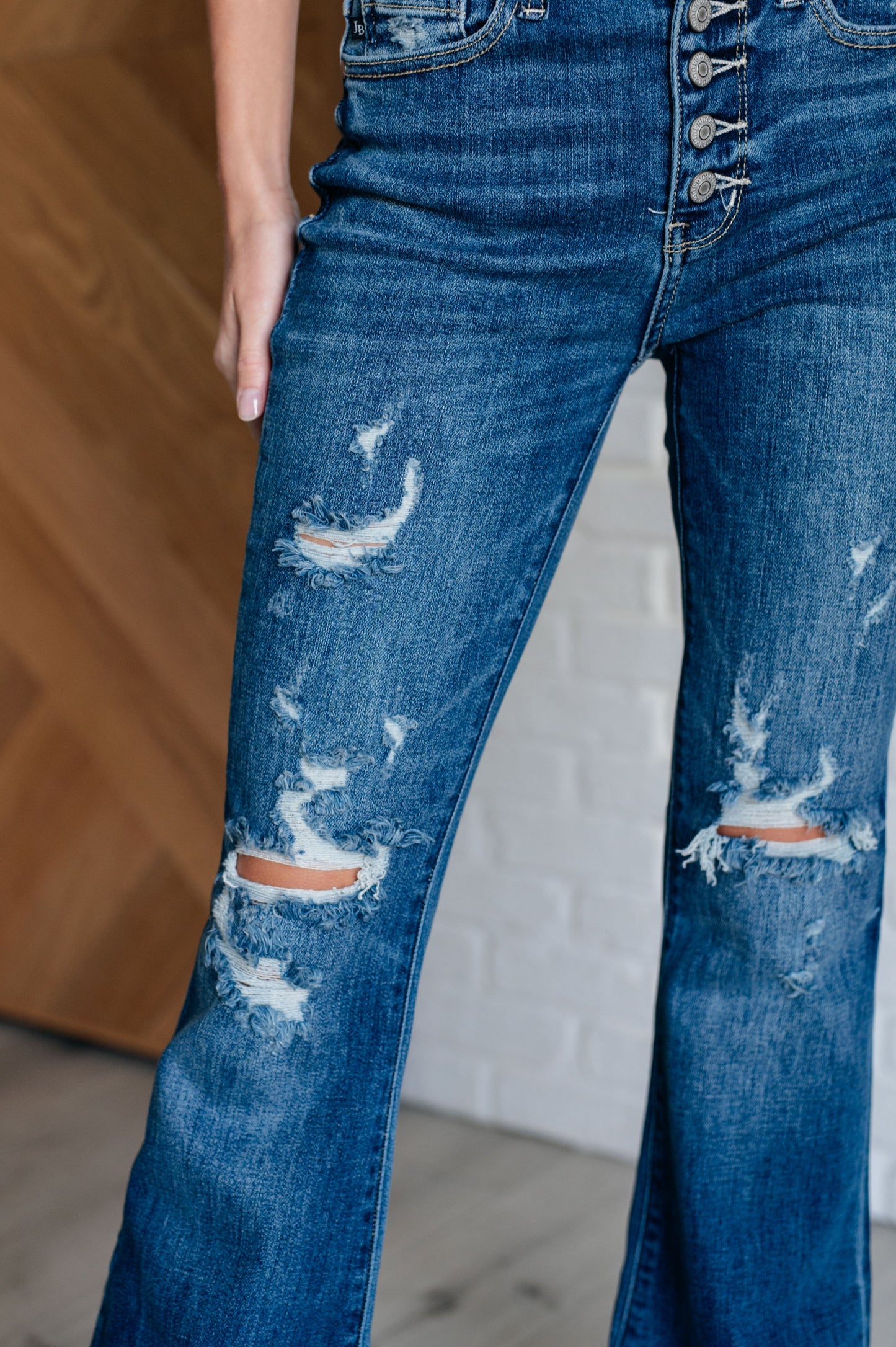 Gabriella Mid Rise Distressed Button Fly Flare Jeans - Southern Divas Boutique
