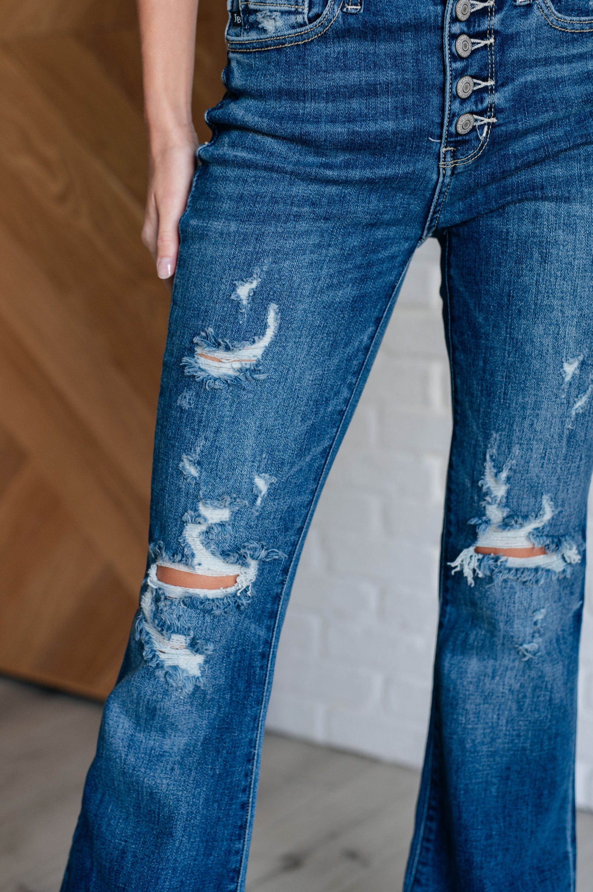 Gabriella Mid Rise Distressed Button Fly Flare Jeans - Southern Divas Boutique