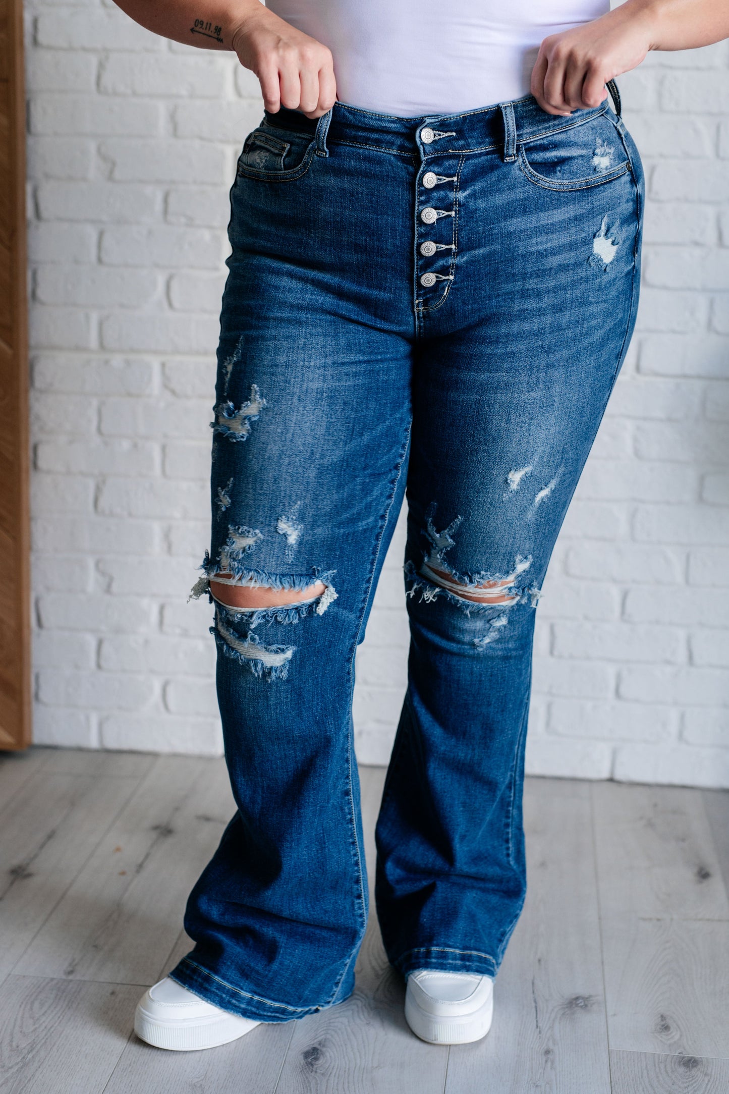 Gabriella Mid Rise Distressed Button Fly Flare Jeans - Southern Divas Boutique