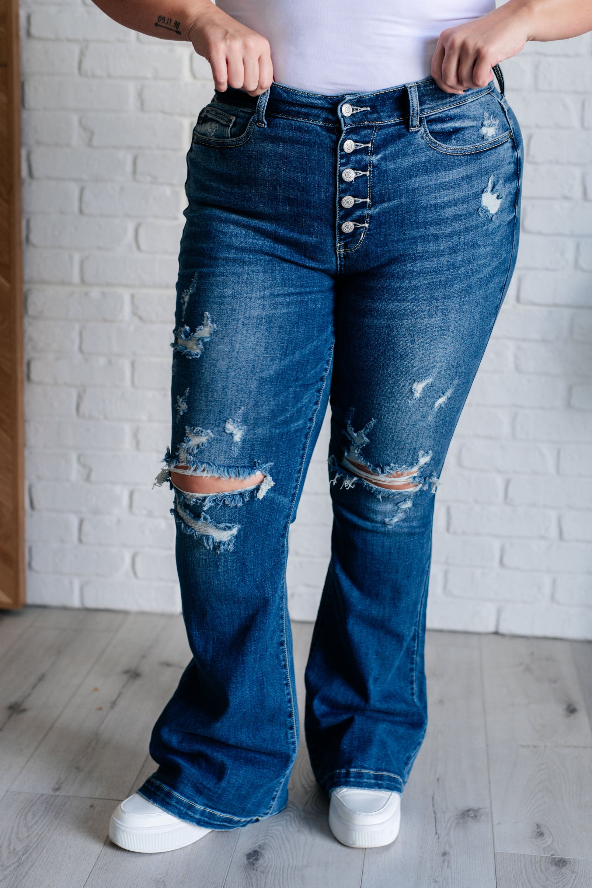 Gabriella Mid Rise Distressed Button Fly Flare Jeans - Southern Divas Boutique