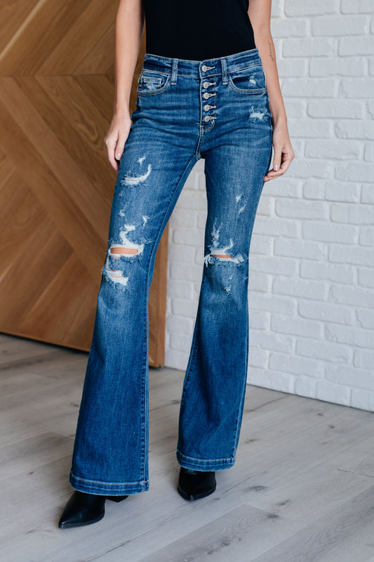 Gabriella Mid Rise Distressed Button Fly Flare Jeans - Southern Divas Boutique