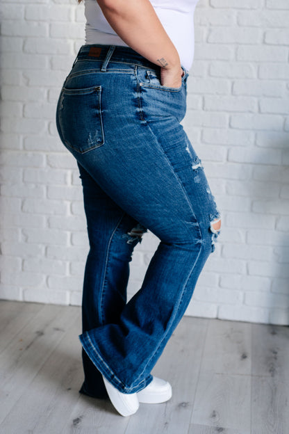 Gabriella Mid Rise Distressed Button Fly Flare Jeans - Southern Divas Boutique