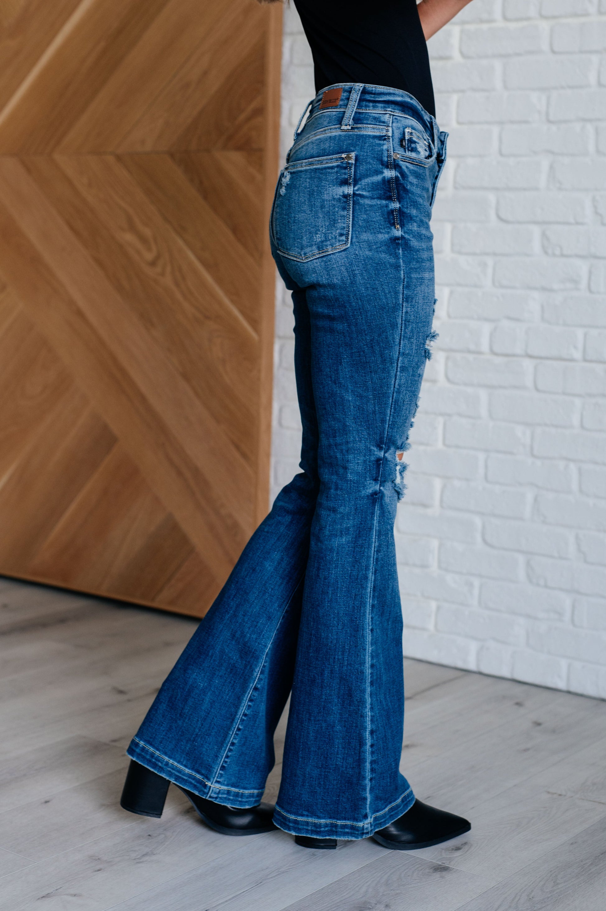 Gabriella Mid Rise Distressed Button Fly Flare Jeans - Southern Divas Boutique