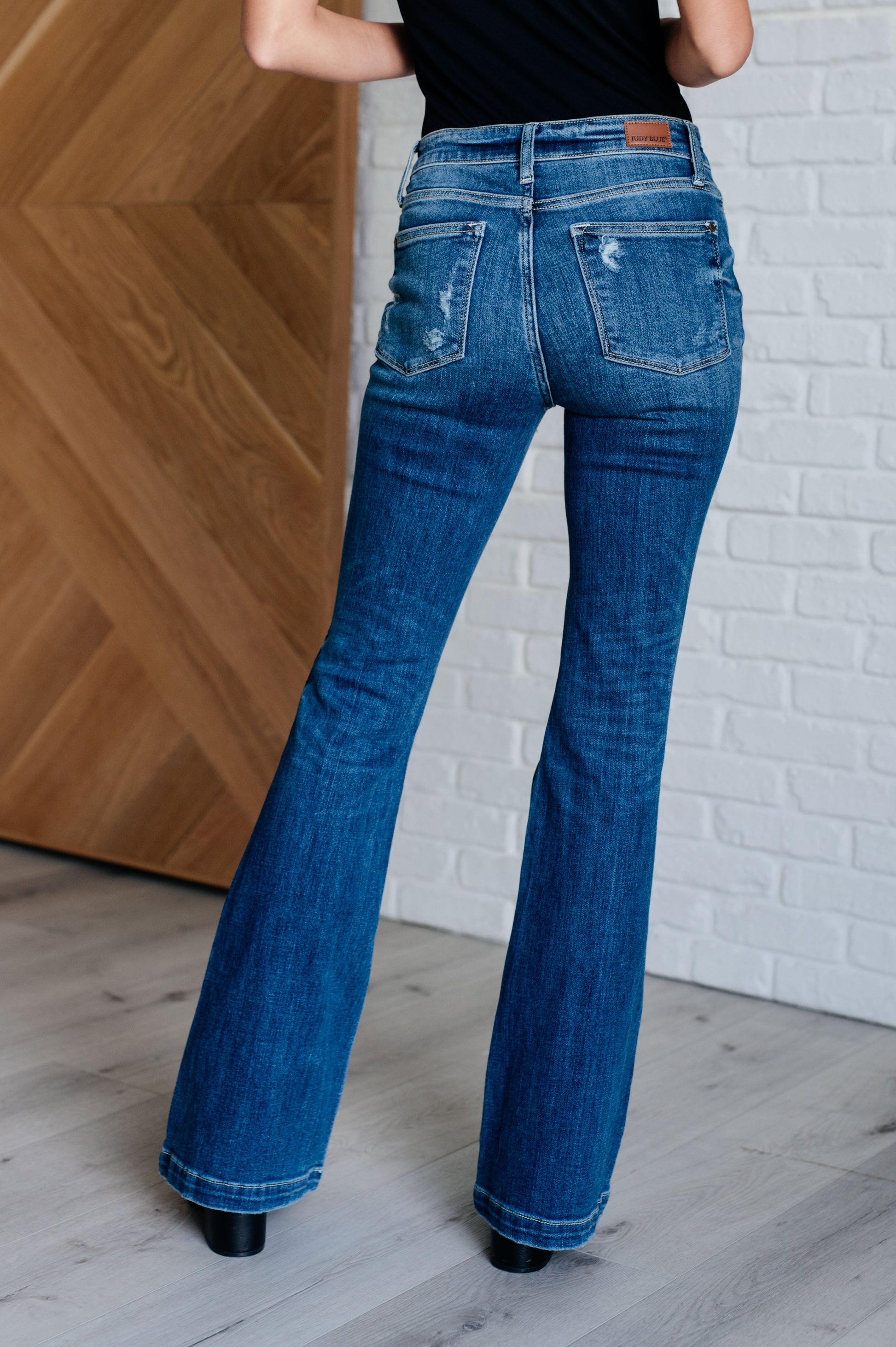 Gabriella Mid Rise Distressed Button Fly Flare Jeans - Southern Divas Boutique