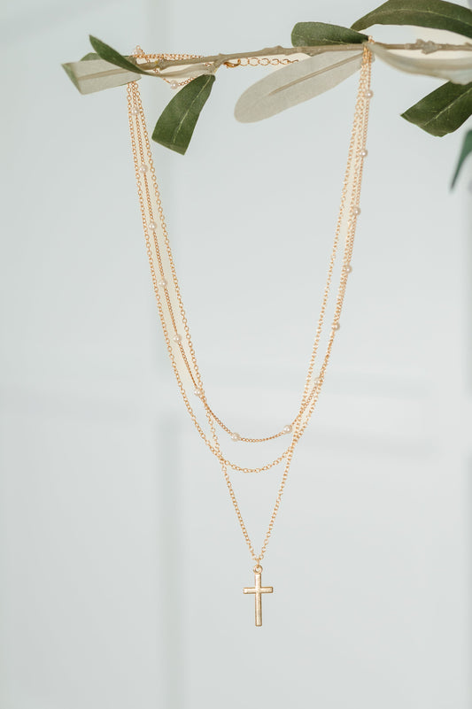 Halo Hues Cross Pendant Layered Necklace Set in Gold - Southern Divas Boutique