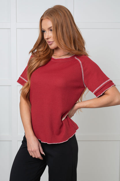 Heartbreaker Waffle Knit Tee in Cranberry - Southern Divas Boutique