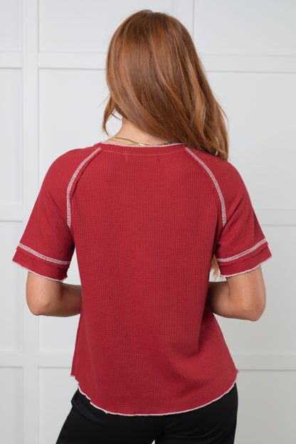 Heartbreaker Waffle Knit Tee in Cranberry - Southern Divas Boutique