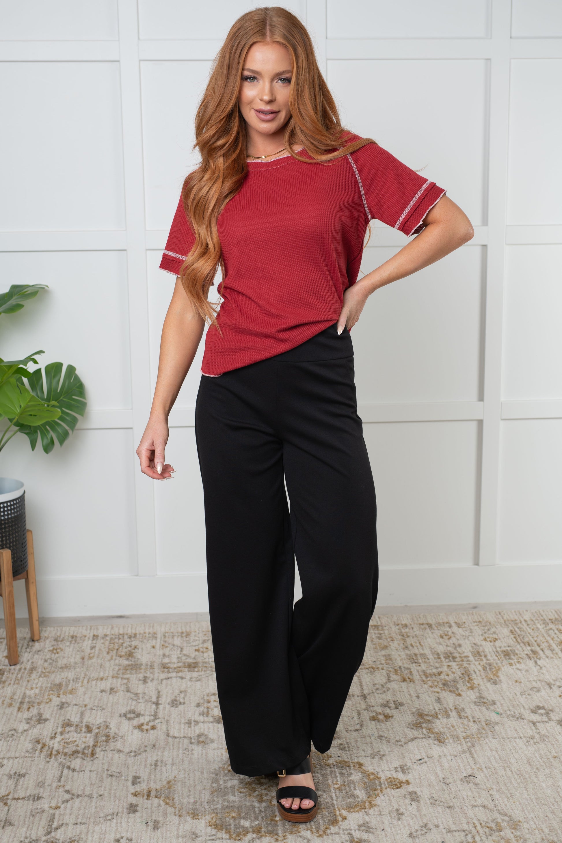 Heartbreaker Waffle Knit Tee in Cranberry - Southern Divas Boutique