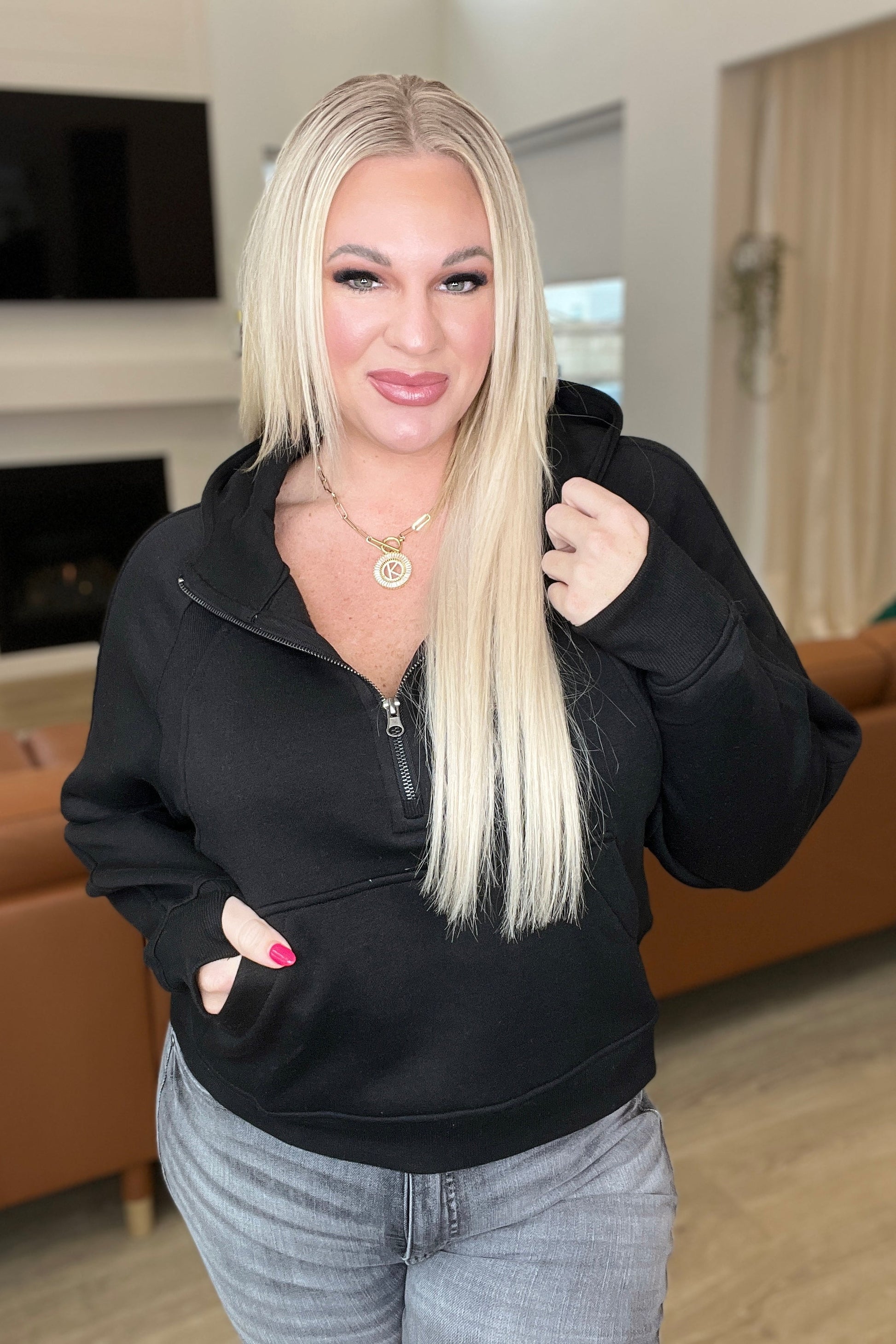 Half Zip Cropped Hoodie in Black - Southern Divas Boutique