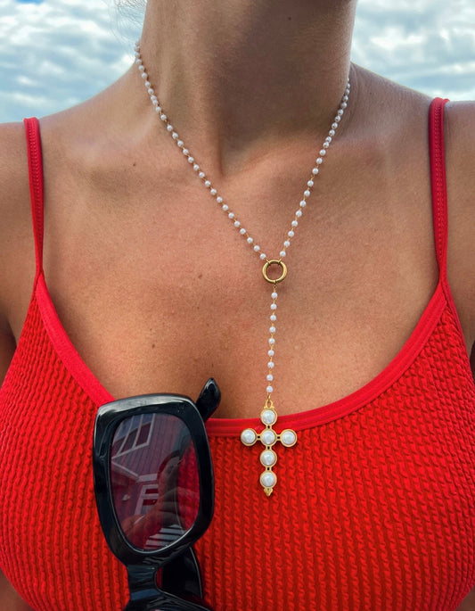 LARIAT PEARL CROSS NECKLACE - Southern Divas Boutique