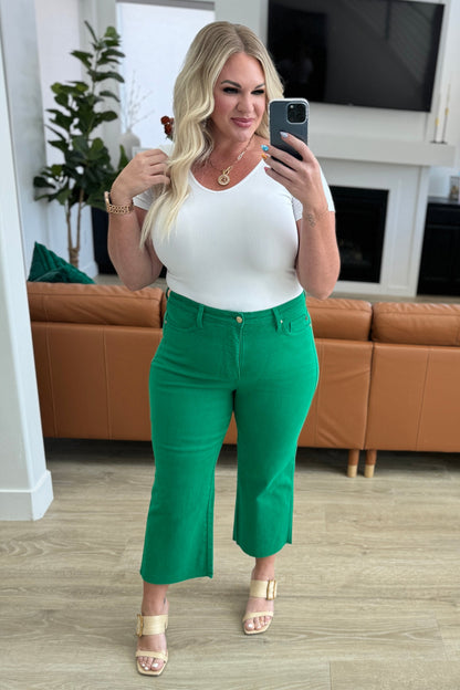 Lisa High Rise Control Top Wide Leg Crop Jeans in Kelly Green - Southern Divas Boutique