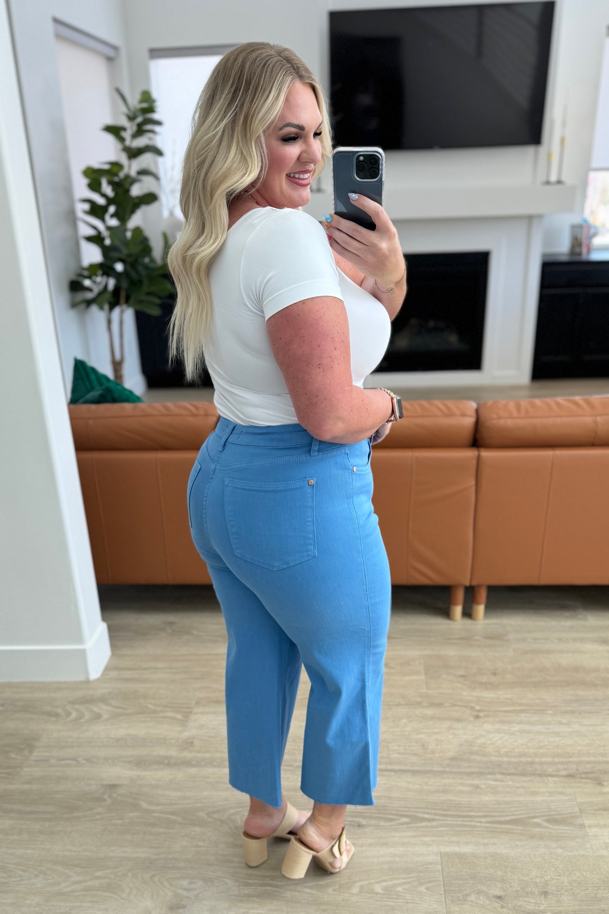 Lisa High Rise Control Top Wide Leg Crop Jeans in Sky Blue - Southern Divas Boutique