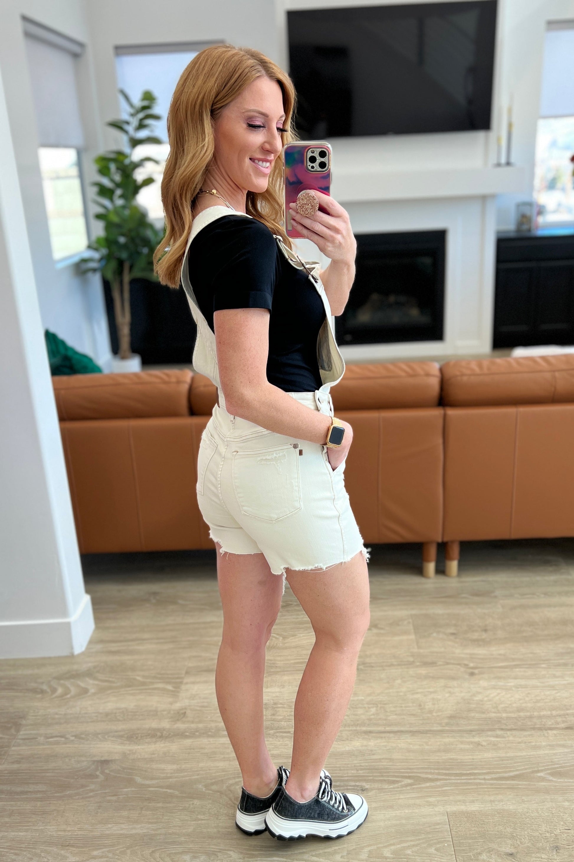 Anna High Rise Garment Dyed Cutoff Shortalls in Ecru - Southern Divas Boutique