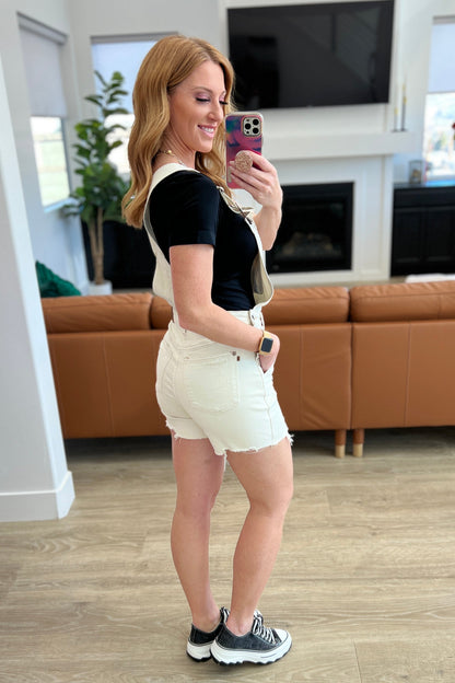 Anna High Rise Garment Dyed Cutoff Shortalls in Ecru - Southern Divas Boutique