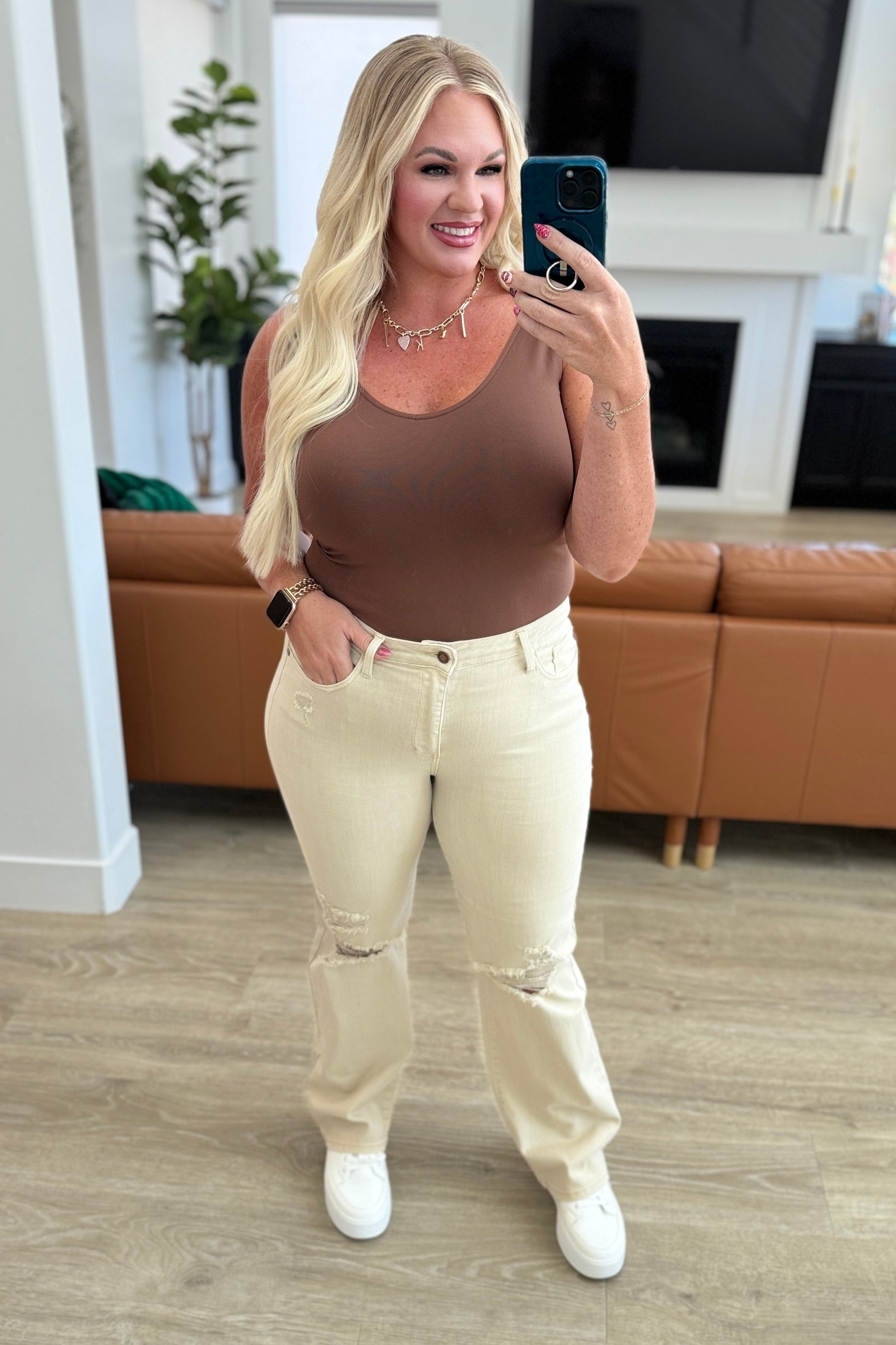 Selena High Rise Distressed 90's Straight Jeans in Bone - Southern Divas Boutique
